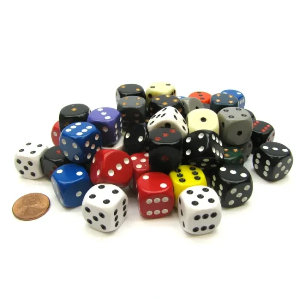 Bag of 50 Assorted Loose Opaque 16mm D6 Dice - Your Source for Gaming Essentials Clearance