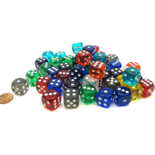 Bag of 50 Assorted Loose Translucent 16mm D6 Dice - Your Source for Gaming Essentials Online