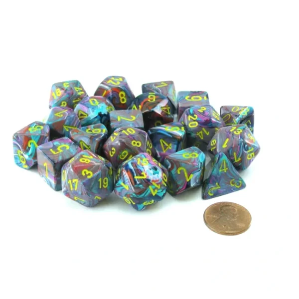 Bag of 20 Festive Polyhedral Dice - Mosaic with Yellow Numbers - Your Source for Gaming Essentials Store