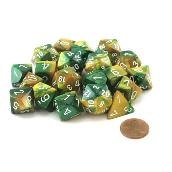 Bag of 20 Gemini Polyhedral Dice - Gold-Green with White Numbers - Your Source for Gaming Essentials Cheap