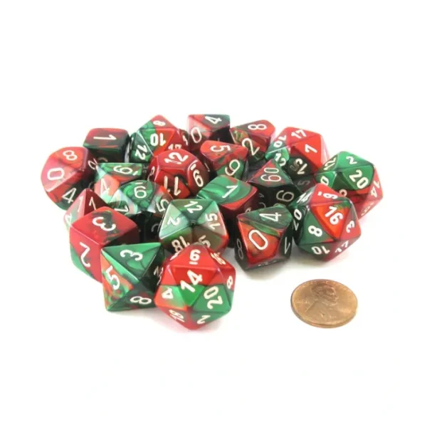 Bag of 20 Gemini Polyhedral Dice - Green-Red with White Numbers - Your Source for Gaming Essentials New