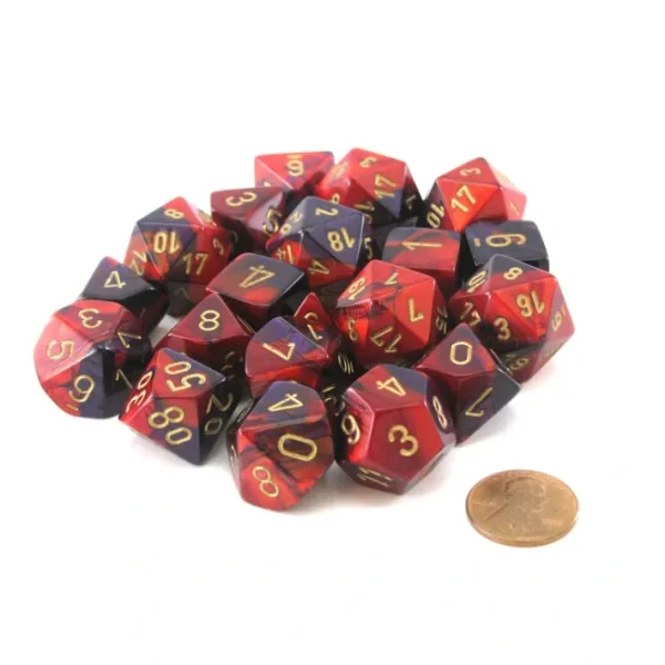 Bag of 20 Gemini Polyhedral Dice - Purple-Red with Gold Numbers - Your Source for Gaming Essentials Clearance