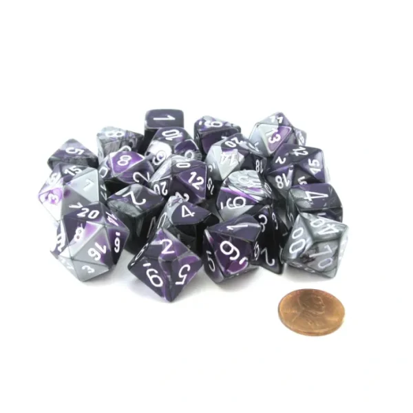 Bag of 20 Gemini Polyhedral Dice- Purple-Steel with White Numbers - Your Source for Gaming Essentials Store