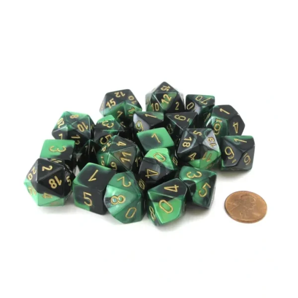 Bag of 20 Gemini Polyhedral Dice - Black-Green with Gold Numbers - Your Source for Gaming Essentials Sale