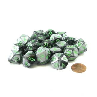 Bag of 20 Gemini Polyhedral Dice - Black-Grey with Green Numbers - Your Source for Gaming Essentials Clearance