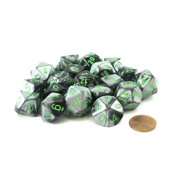 Bag of 20 Gemini Polyhedral Dice - Black-Grey with Green Numbers - Your Source for Gaming Essentials Clearance