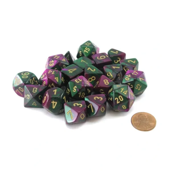 Bag of 20 Gemini Polyhedral Dice - Green-Purple with Gold Numbers - Your Source for Gaming Essentials Discount