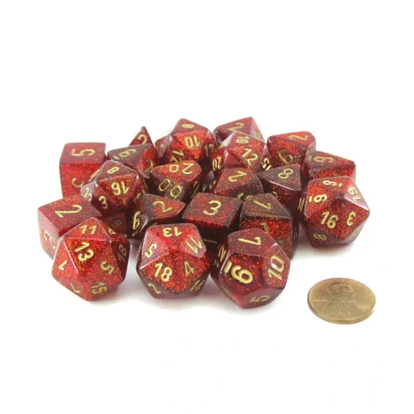 Bag of 20 Glitter Polyhedral Dice - Ruby with Gold Numbers - Your Source for Gaming Essentials Online