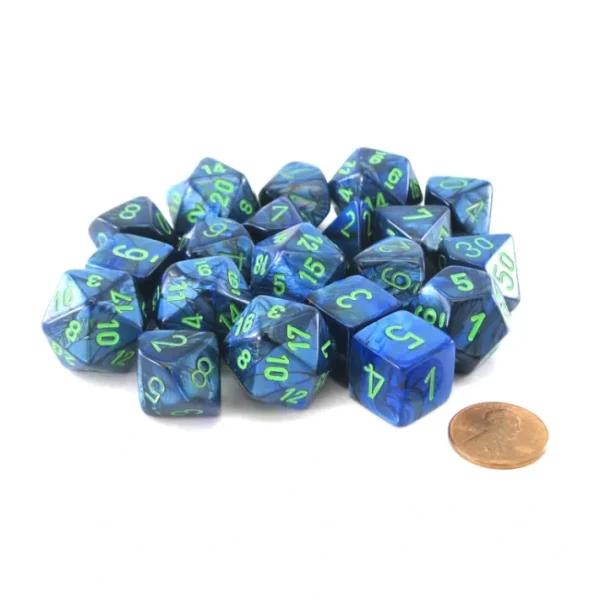 Bag of 20 Lustrous Polyhedral Dice - Dark Blue with Green Numbers - Your Source for Gaming Essentials Store