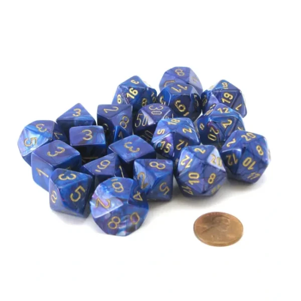 Bag of 20 Lustrous Polyhedral Dice - Purple with Gold Numbers - Your Source for Gaming Essentials Shop