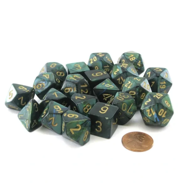 Bag of 20 Scarab Polyhedral Dice - Jade with Gold Numbers - Your Source for Gaming Essentials Outlet