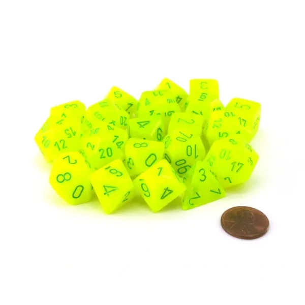 Bag of 20 Vortex Polyhedral Dice - Electric Yellow with Green Numbers - Your Source for Gaming Essentials Outlet