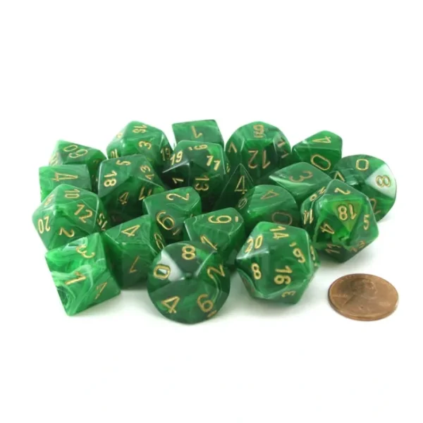 Bag of 20 Vortex Polyhedral Dice - Green with Gold Numbers - Your Source for Gaming Essentials Clearance