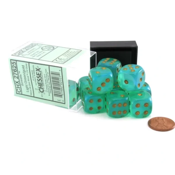 Borealis #2 16mm D6 Chessex Dice Block (12 Dice) - Light Green with Gold Pips - Your Source for Gaming Essentials Fashion