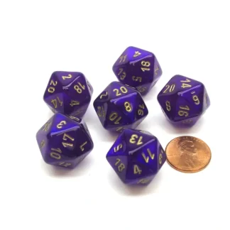 Borealis 20 Sided D20 Chessex Dice, 6 Pieces - Royal Purple with Gold Numbers - Your Source for Gaming Essentials Online