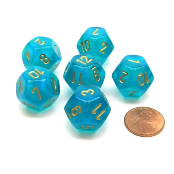 Borealis 18mm 12 Sided D12 Chessex Dice, 6 Pieces - Teal with Gold - Your Source for Gaming Essentials Fashion