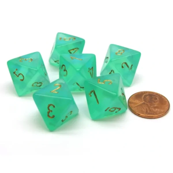 Borealis 15mm 8 Sided D8 Chessex Dice, 6 Pieces - Light Green with Gold - Your Source for Gaming Essentials Fashion