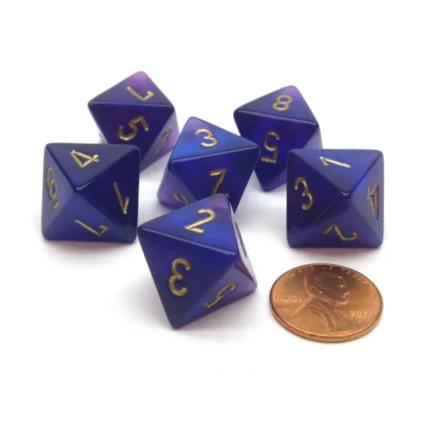 Borealis 15mm 8 Sided D8 Chessex Dice, 6 Pieces - Royal Purple with Gold - Your Source for Gaming Essentials Hot