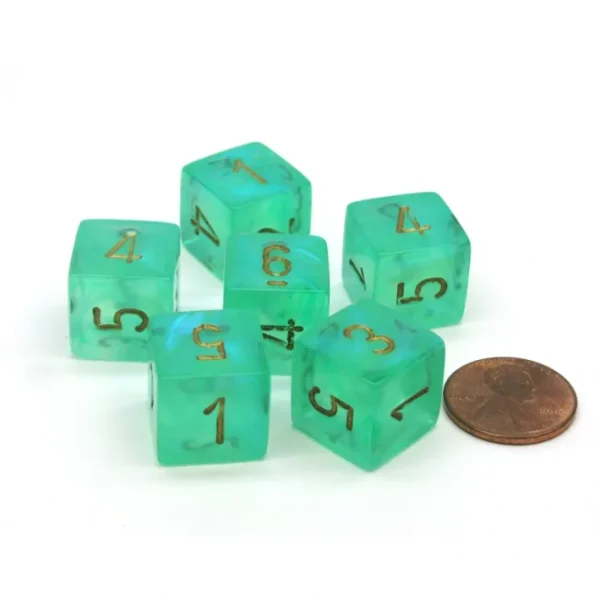 Borealis 15mm 6 Sided D6 Chessex Dice, 6 Pieces - Light Green with Gold Numbers - Your Source for Gaming Essentials Discount