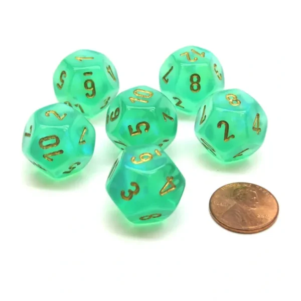 Borealis 18mm 12 Sided D12 Chessex Dice, 6 Pieces - Light Green with Gold - Your Source for Gaming Essentials Cheap