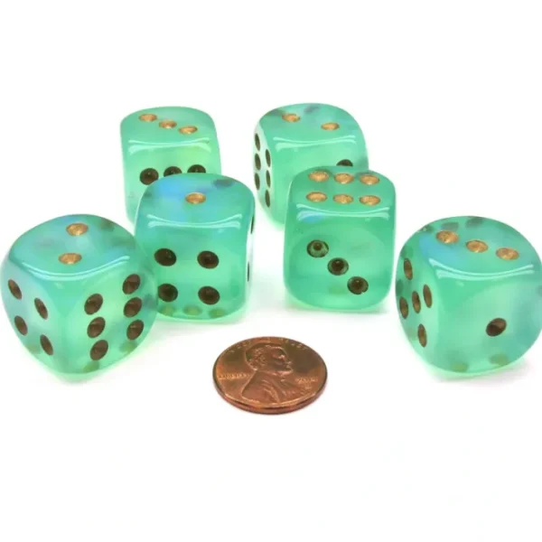 Borealis 20mm Big D6 Chessex Dice, 6 Pieces - Light Green with Gold Pips - Your Source for Gaming Essentials Shop