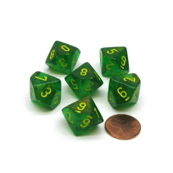 Borealis 16mm D10 (0-9) Chessex Dice, 6 Pieces - Maple Green with Yellow Numbers - Your Source for Gaming Essentials Hot