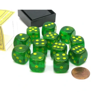 Borealis 16mm D6 Chessex Dice Block (12 Die) - Maple Green with Yellow Pips - Your Source for Gaming Essentials Cheap