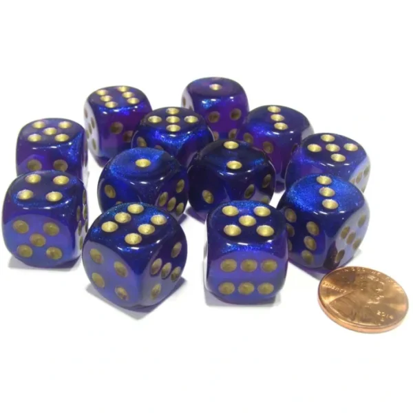 Borealis 16mm D6 Chessex Dice Block (12 Dice) - Royal Purple with Gold Pips - Your Source for Gaming Essentials New