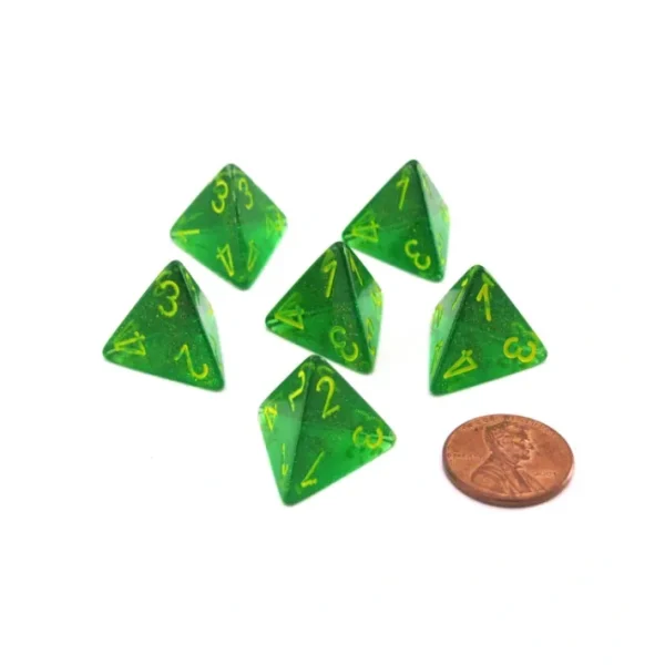 Borealis 18mm D4 Chessex Dice, 6 Pieces - Maple Green with Yellow Numbers - Your Source for Gaming Essentials Online