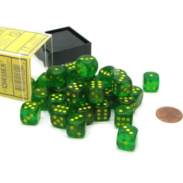 Borealis 12mm D6 Chessex Dice Block (36 Dice) - Maple Green with Yellow Pips - Your Source for Gaming Essentials Shop