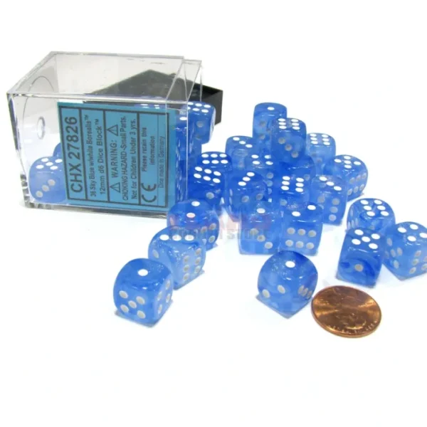 Borealis 12mm D6 Chessex Dice Block (36 Dice) - Sky Blue with White Pips - Your Source for Gaming Essentials Cheap