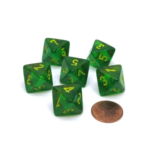 Borealis 15mm D8 Chessex Dice, 6 Pieces - Maple Green with Yellow Numbers - Your Source for Gaming Essentials Cheap