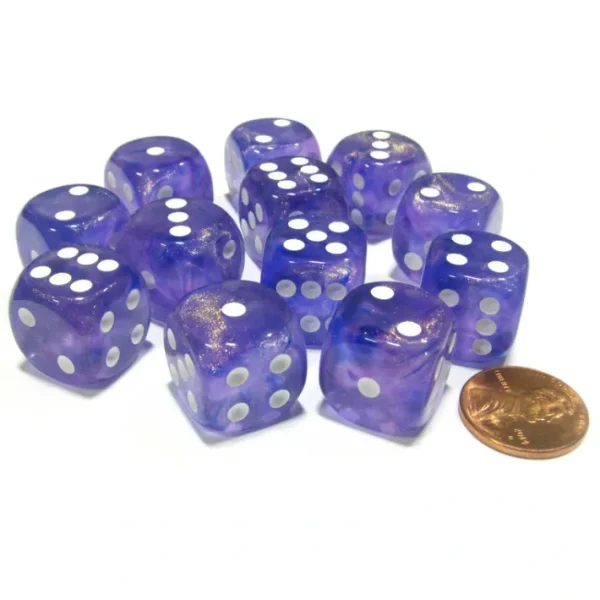 Borealis 16mm D6 Chessex Dice Block (12 Dice) - Purple with White Pips - Your Source for Gaming Essentials Online