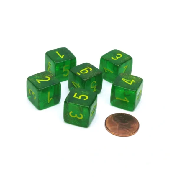 Borealis 15mm D6 Numbered Chessex Dice, 6 Pieces - Maple Green with Yellow - Your Source for Gaming Essentials Store