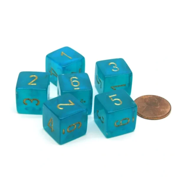 Borealis 15mm D6 Polyhedral Chessex Dice, 6 Pieces - Teal with Gold Numbers - Your Source for Gaming Essentials Flash Sale