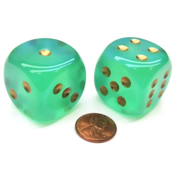 Borealis 30mm Large D6 Chessex Dice, 2 Pieces - Light Green with Gold Pips - Your Source for Gaming Essentials Online