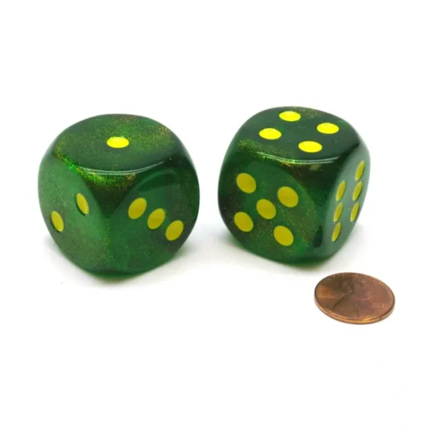 Borealis 30mm Large D6 Chessex Dice, 2 Pieces - Maple Green with Yellow Pips - Your Source for Gaming Essentials New