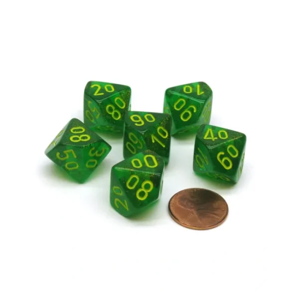 Borealis 16mm Tens D10 (00-90) Chessex Dice, 6 Pieces - Maple Green with Yellow - Your Source for Gaming Essentials Shop