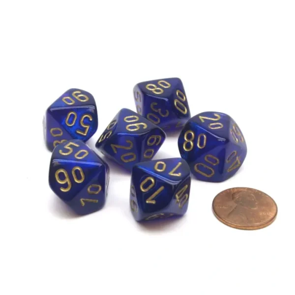 Borealis 16mm Tens D10 (00-90) Chessex Dice, 6 Pieces - Royal Purple with Gold - Your Source for Gaming Essentials Store