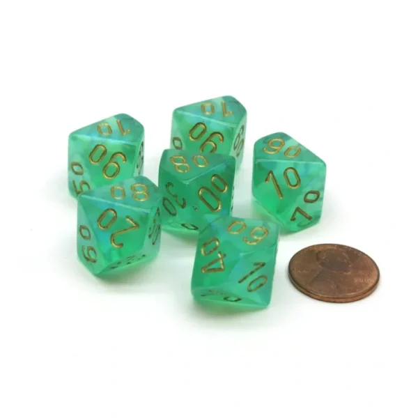 Borealis 16mm Tens D10 (00-90) Chessex Dice, 6 Pieces - Light Green with Gold - Your Source for Gaming Essentials New