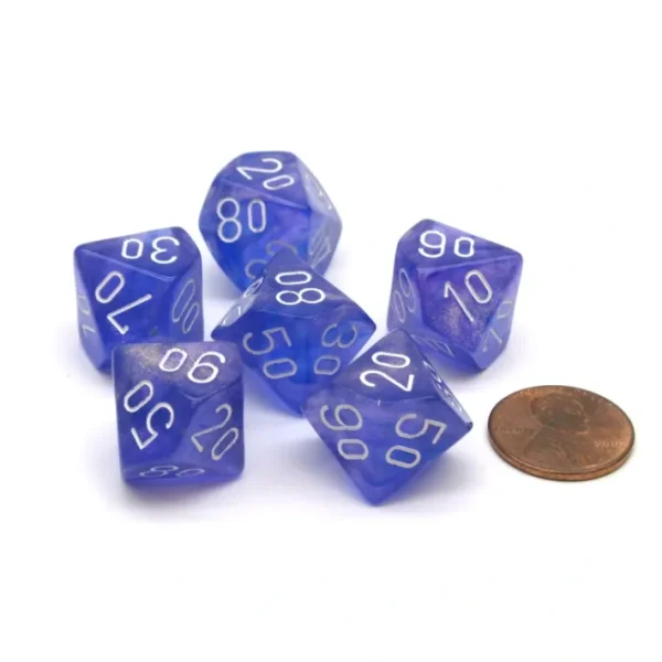 Borealis 16mm Tens D10 (00-90) Dice, 6 Pieces - Purple with White Numbers - Your Source for Gaming Essentials Fashion