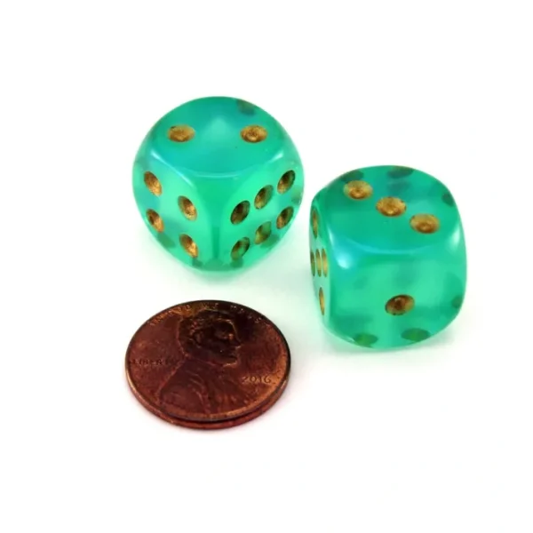 Borealis 'Old Style' 16mm D6 Chessex Dice, 2 Pieces - Light Green with Gold Pips - Your Source for Gaming Essentials Online