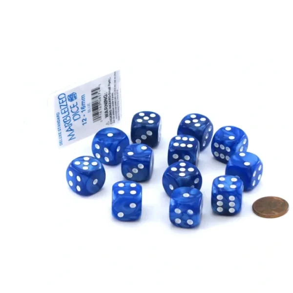 Case of 12 Deluxe Marble 16mm Round Edge Dice - Blue with White Pips - Your Source for Gaming Essentials Fashion