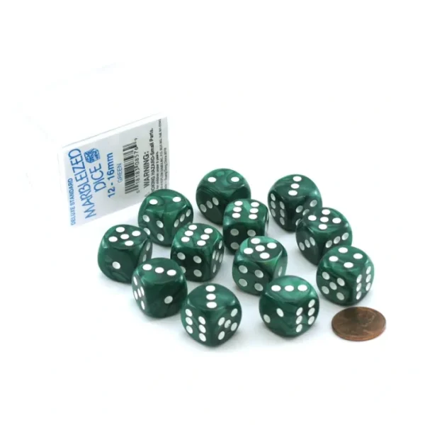 Case of 12 Deluxe Marble 16mm Round Edge Dice - Green with White Pips - Your Source for Gaming Essentials Hot