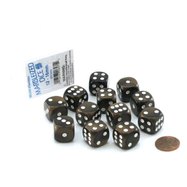 Case of 12 Deluxe Marble 16mm Round Edge Dice - Brown with White Pips - Your Source for Gaming Essentials Online