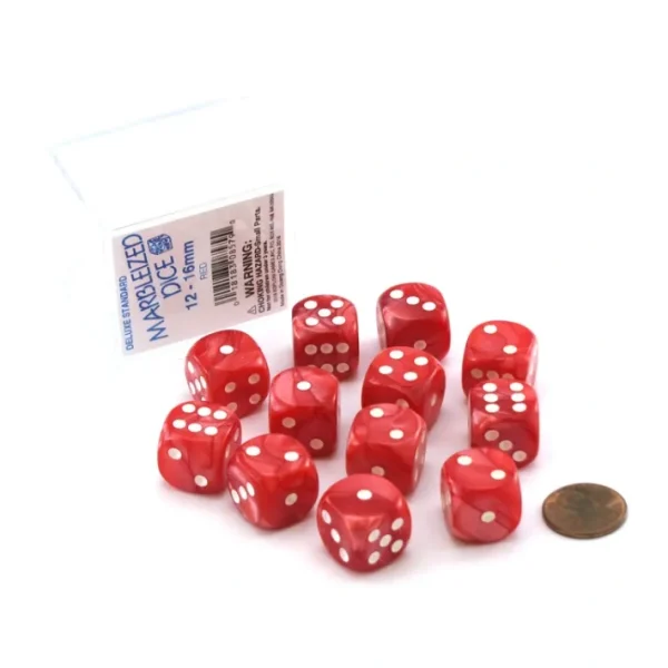 Case of 12 Deluxe Marble 16mm Round Edge Dice - Red with White Pips - Your Source for Gaming Essentials Cheap