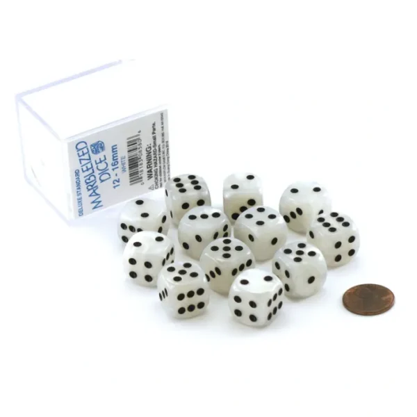 Case of 12 Deluxe Marble 16mm Round Edge Dice - White with Black Pips - Your Source for Gaming Essentials Cheap