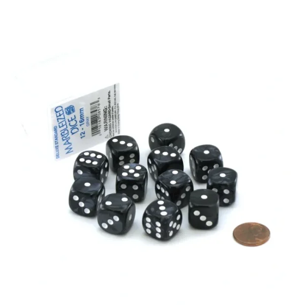 Case of 12 Deluxe Marble 16mm Round Edge Dice - Gray with White Pips - Your Source for Gaming Essentials Online