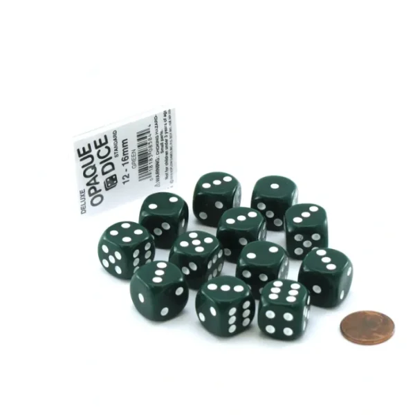 Case of 12 Deluxe Opaque 16mm Round Edge Dice - Green with White Pips - Your Source for Gaming Essentials Best
