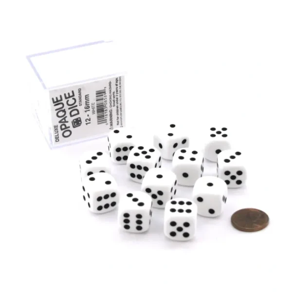 Case of 12 Deluxe Opaque 16mm Round Edge Dice - White with Black Pips - Your Source for Gaming Essentials Outlet
